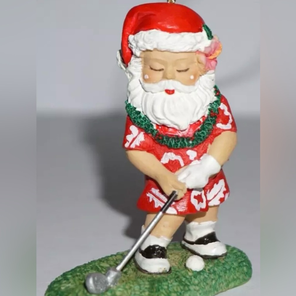 Vtg Hawaiian Golfing Santa Christmas Ornament Island Heritage Aloha Shirt Lei - Picture 1 of 6